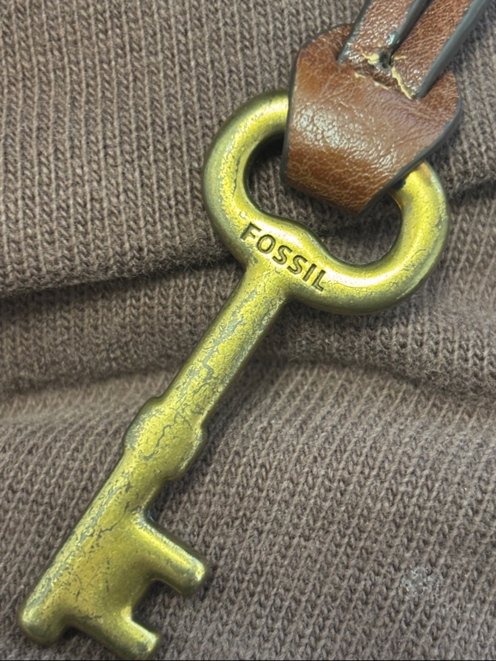 Fossil Brass Key Charm with Brown Leather Strap